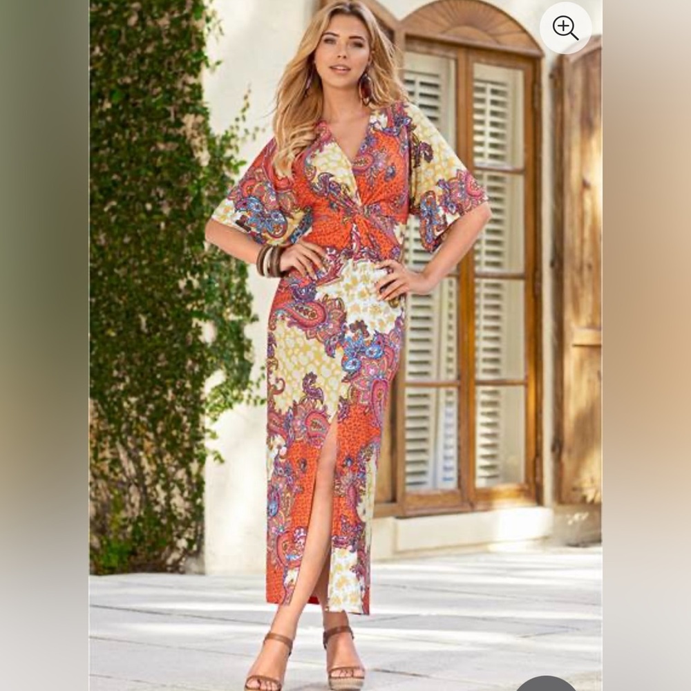 Boho Twist Front Maxi Dress with Paisley Print - Orange - Venus 3X